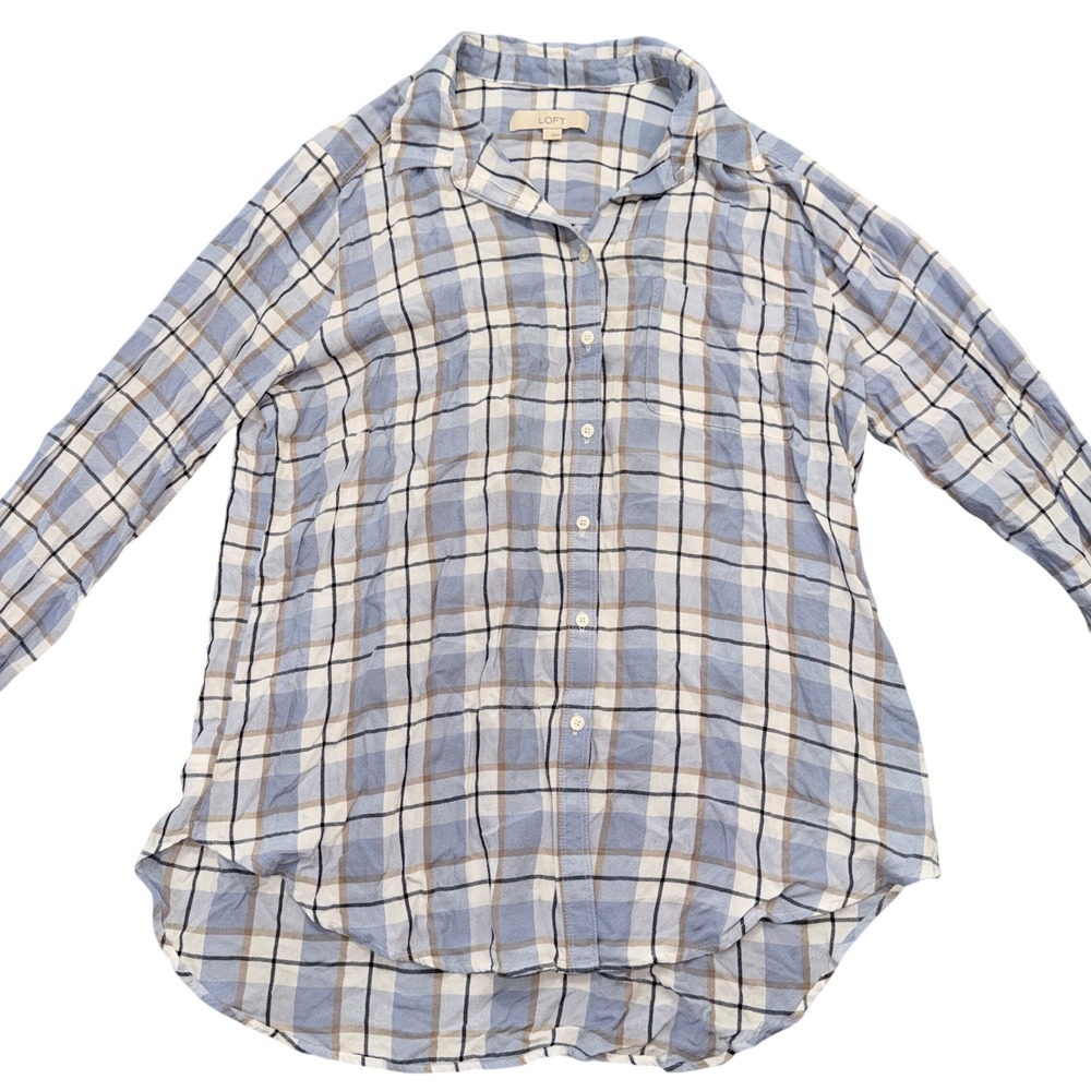 LOFT Mens Blue Plaid Long Sleeve Button Down Shirt Size L High Low Hem